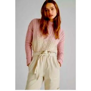 Anthropologie Pink to Cream Ombre Cable-Knit Crew Sweater